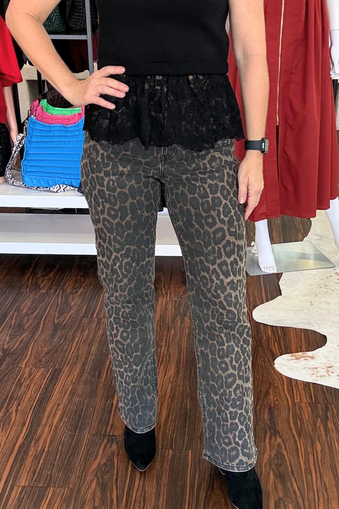 High Rise Leopard Print Slim Wide Jeans