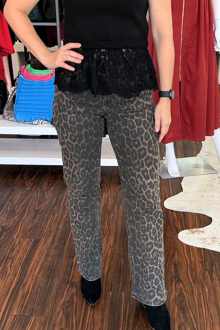 High Rise Leopard Print Slim Wide Jeans