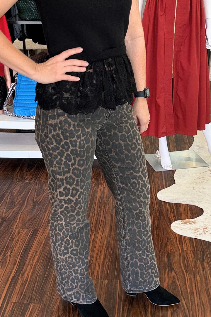 High Rise Leopard Print Slim Wide Jeans