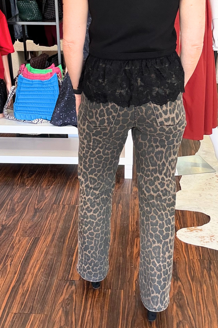 High Rise Leopard Print Slim Wide Jeans