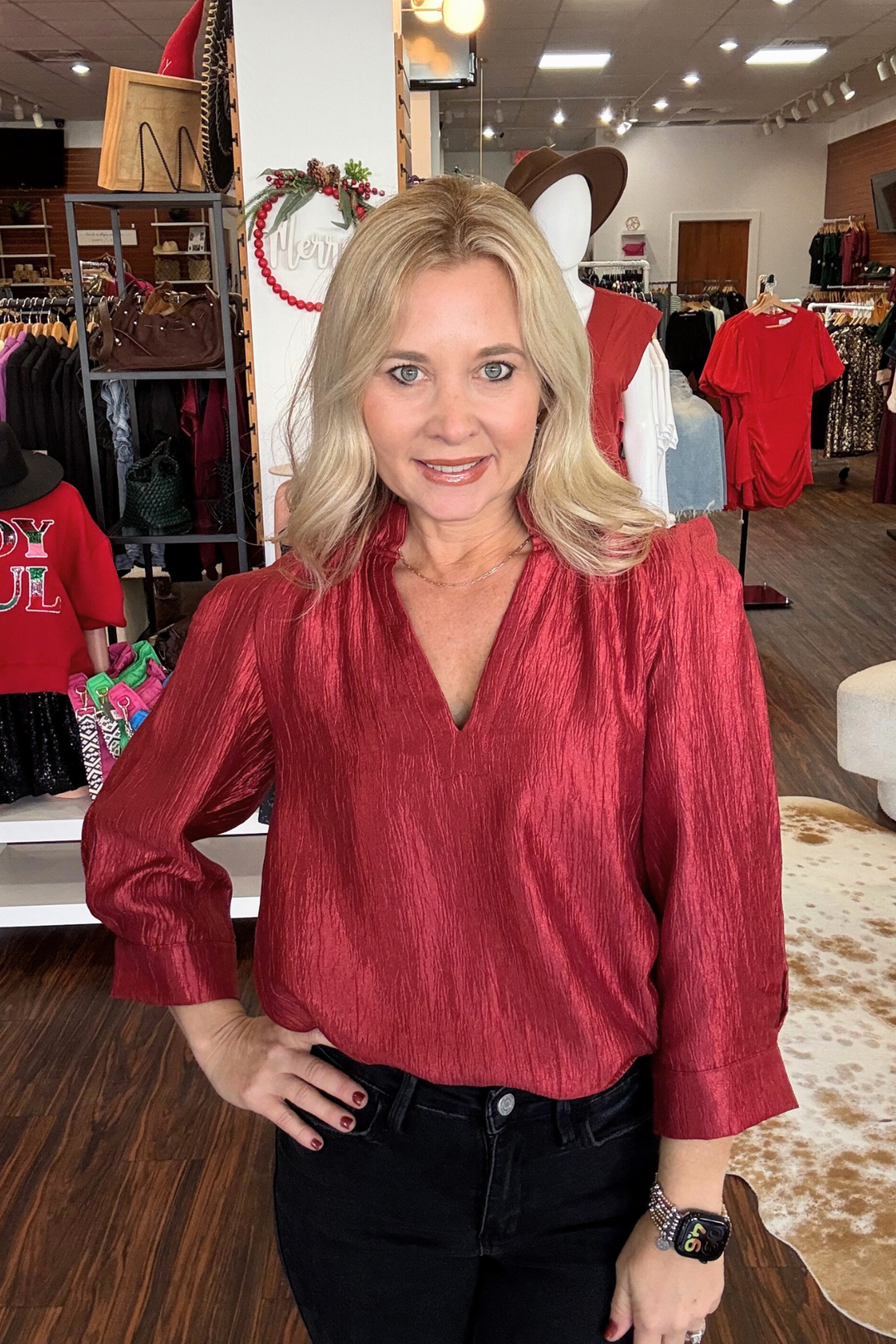 Red Pleated 3/4 Sleeve Top