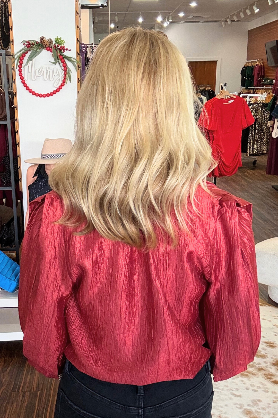 Red Pleated 3/4 Sleeve Top