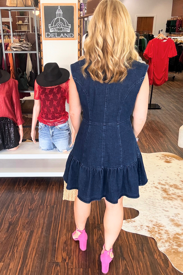 Dark Denim Mini Dress with Ruffle Hem