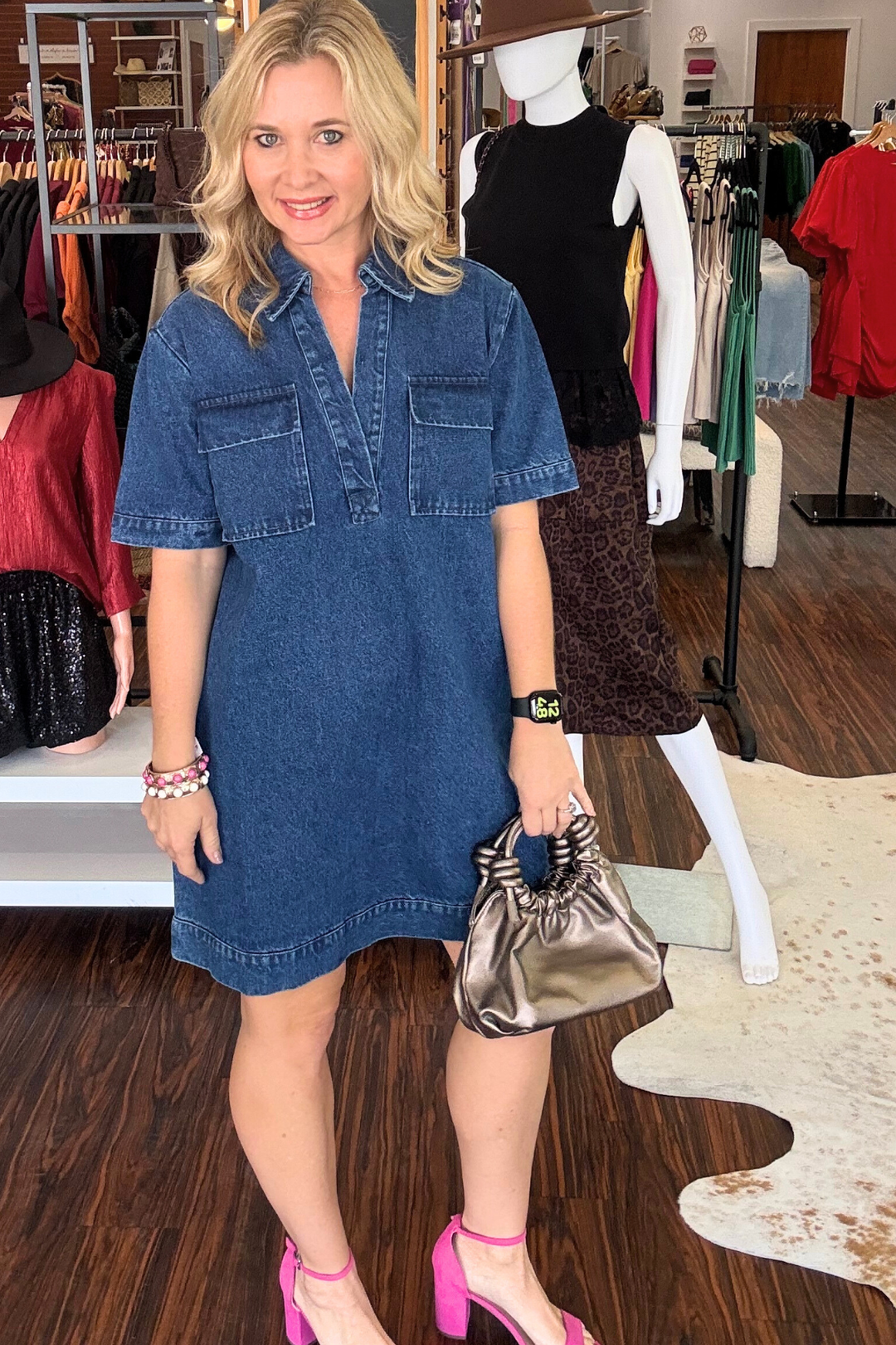 Short Sleeve V-Neck Denim Dress S