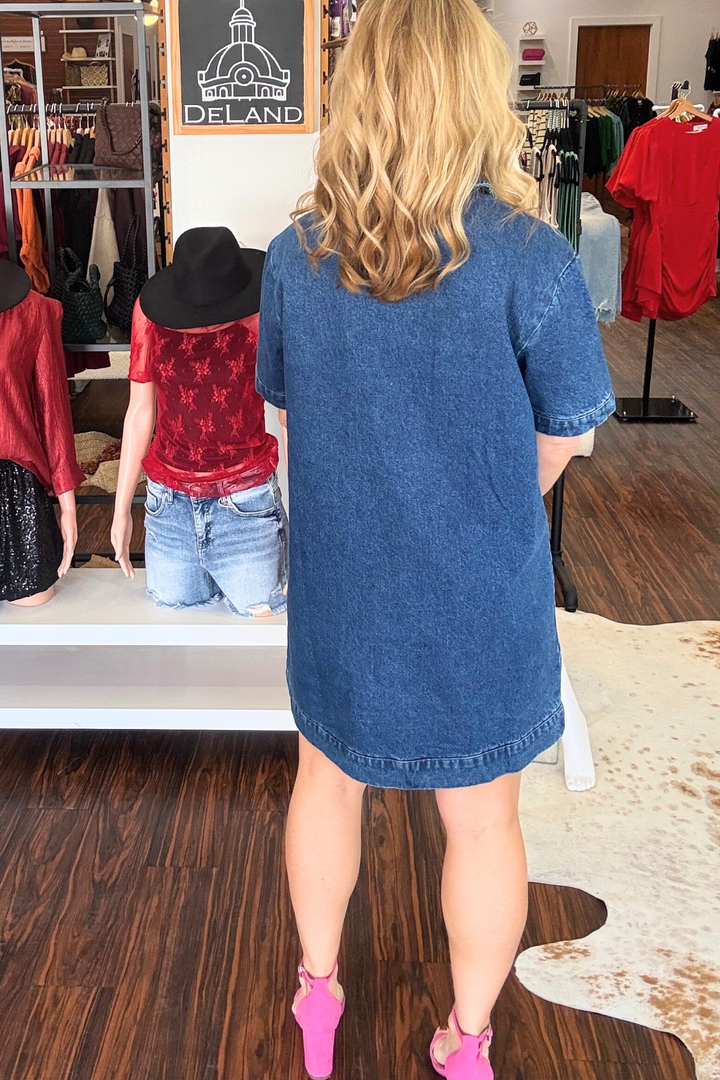 Short Sleeve V-Neck Denim Dress