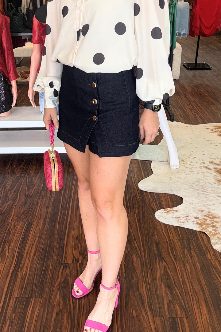 Denim Skort With Button Detail