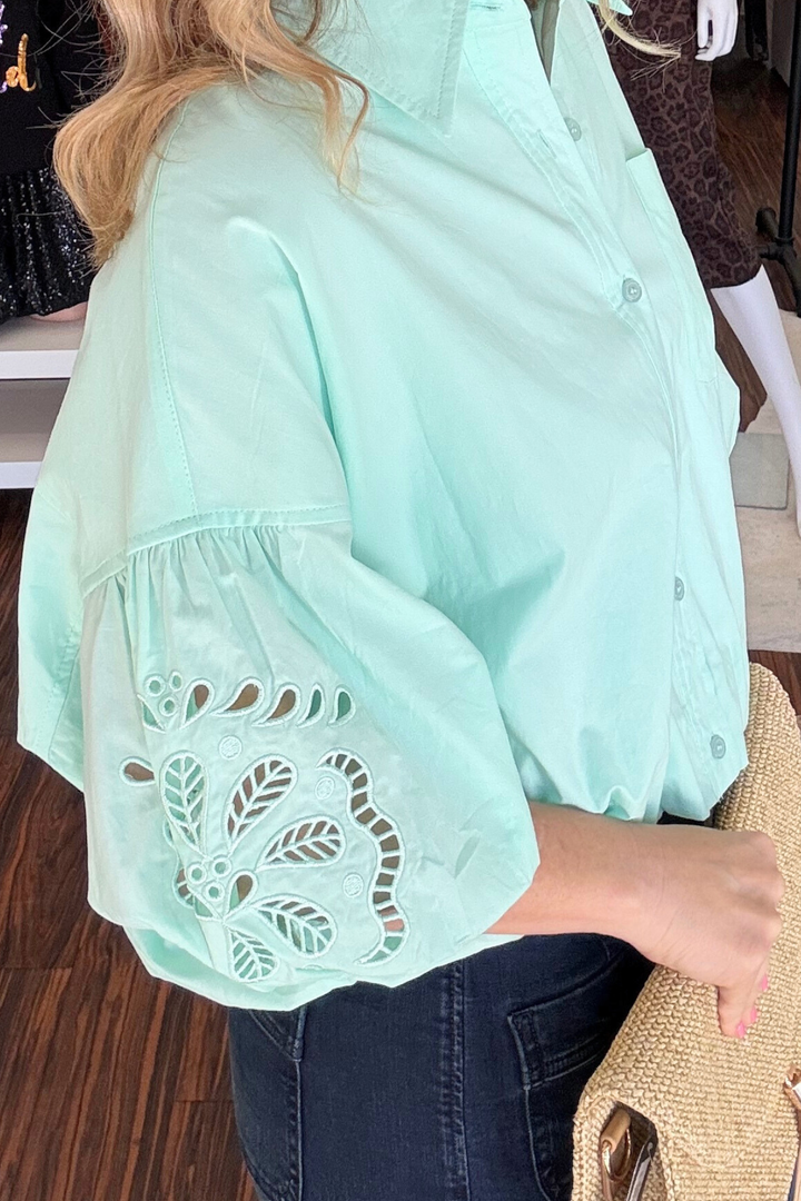 Cut Out Embroidered Bubble Sleeve Top