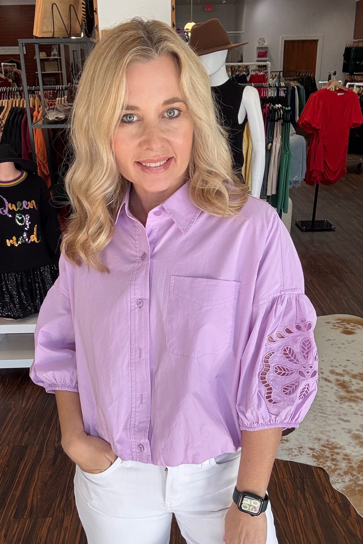 Cut Out Embroidered Bubble Sleeve Top