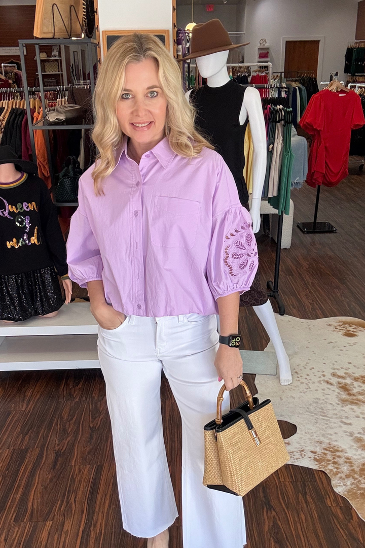 Cut Out Embroidered Bubble Sleeve Top