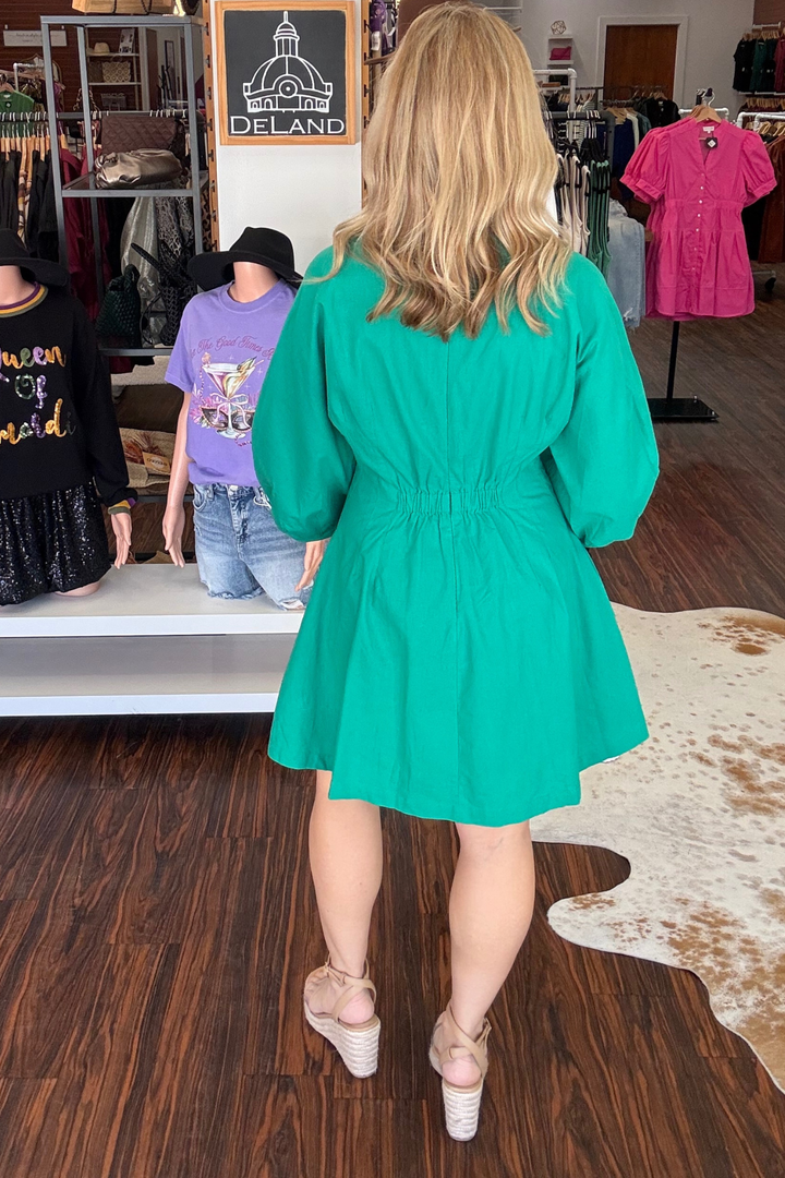 Balloon Sleeve V-Neck Mini Dress