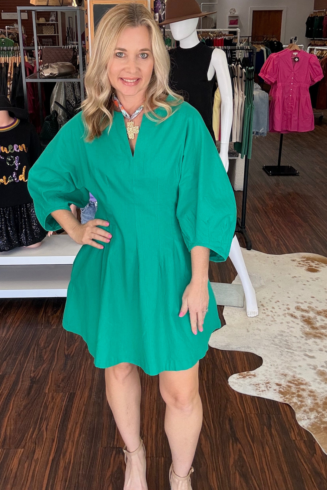 Balloon Sleeve V-Neck Mini Dress