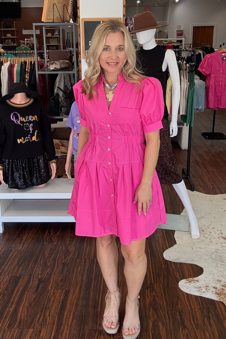 Puff Sleeve Mini Dress with Button Closure