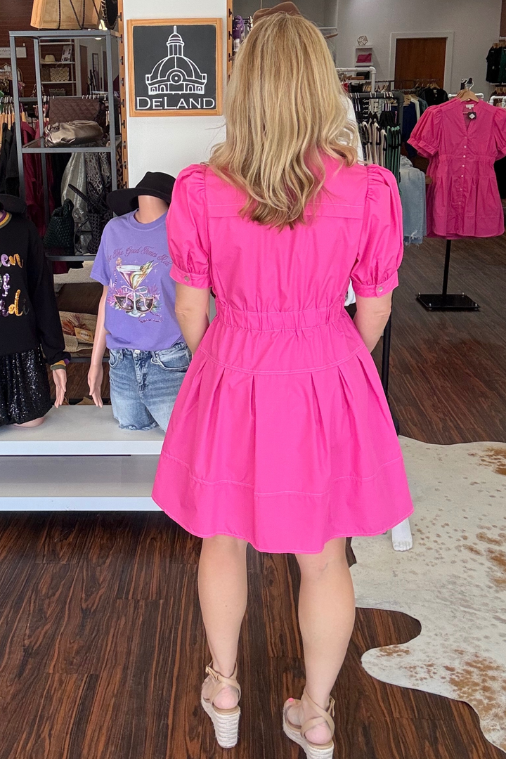 Puff Sleeve Mini Dress with Button Closure