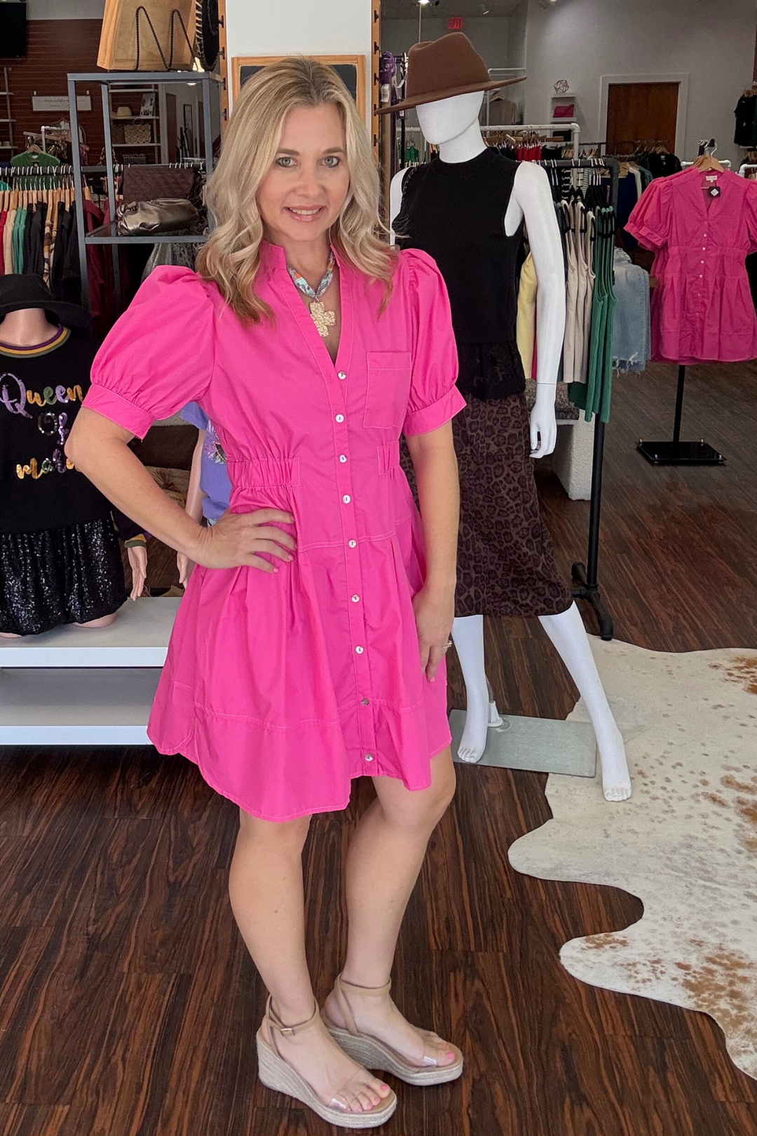 Puff Sleeve Mini Dress with Button Closure