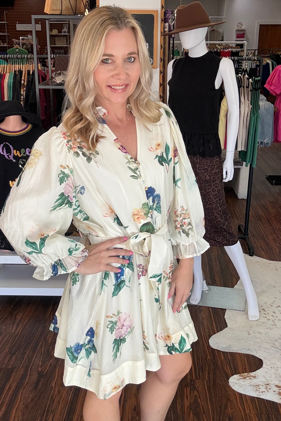 Floral Print 3/4 Puff Sleeve Mini Dress