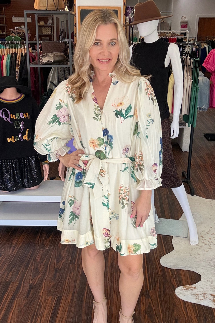 Floral Print 3/4 Puff Sleeve Mini Dress