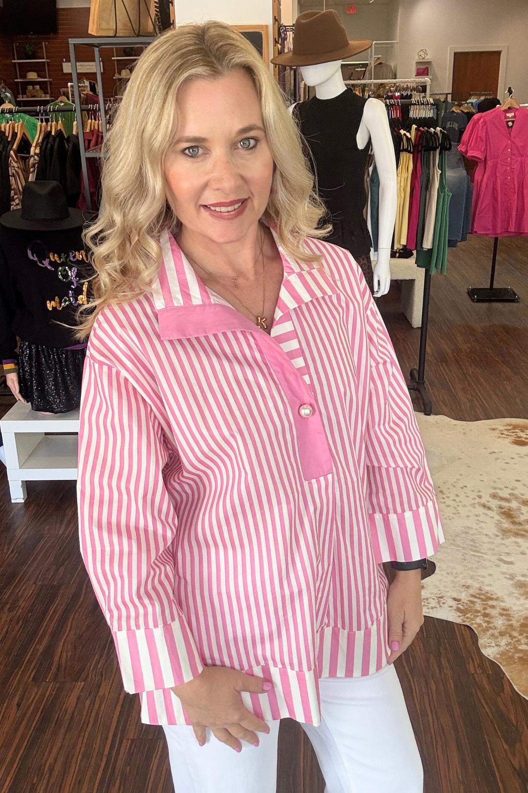 3/4 Sleeve Striped Top with Pearl Button Detail