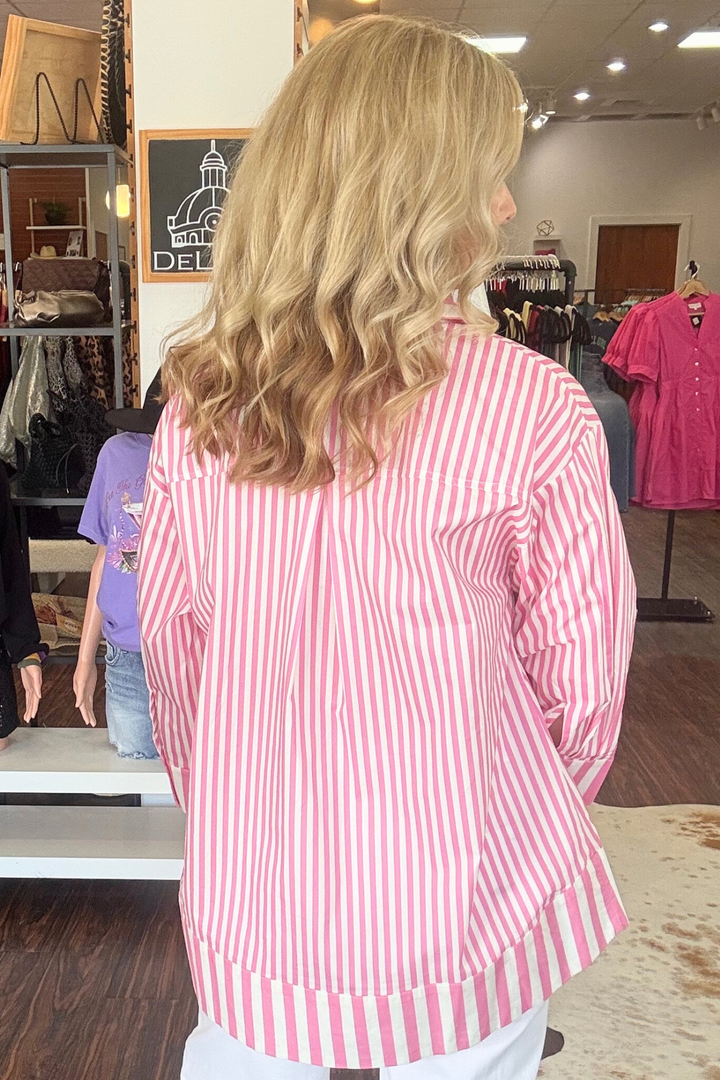 3/4 Sleeve Striped Top with Pearl Button Detail