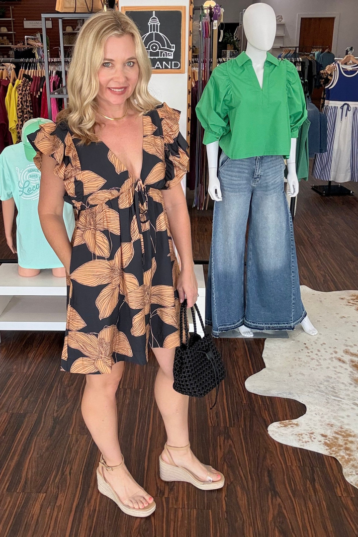 Floral Print Plunging V Neck Empire Waist Dress