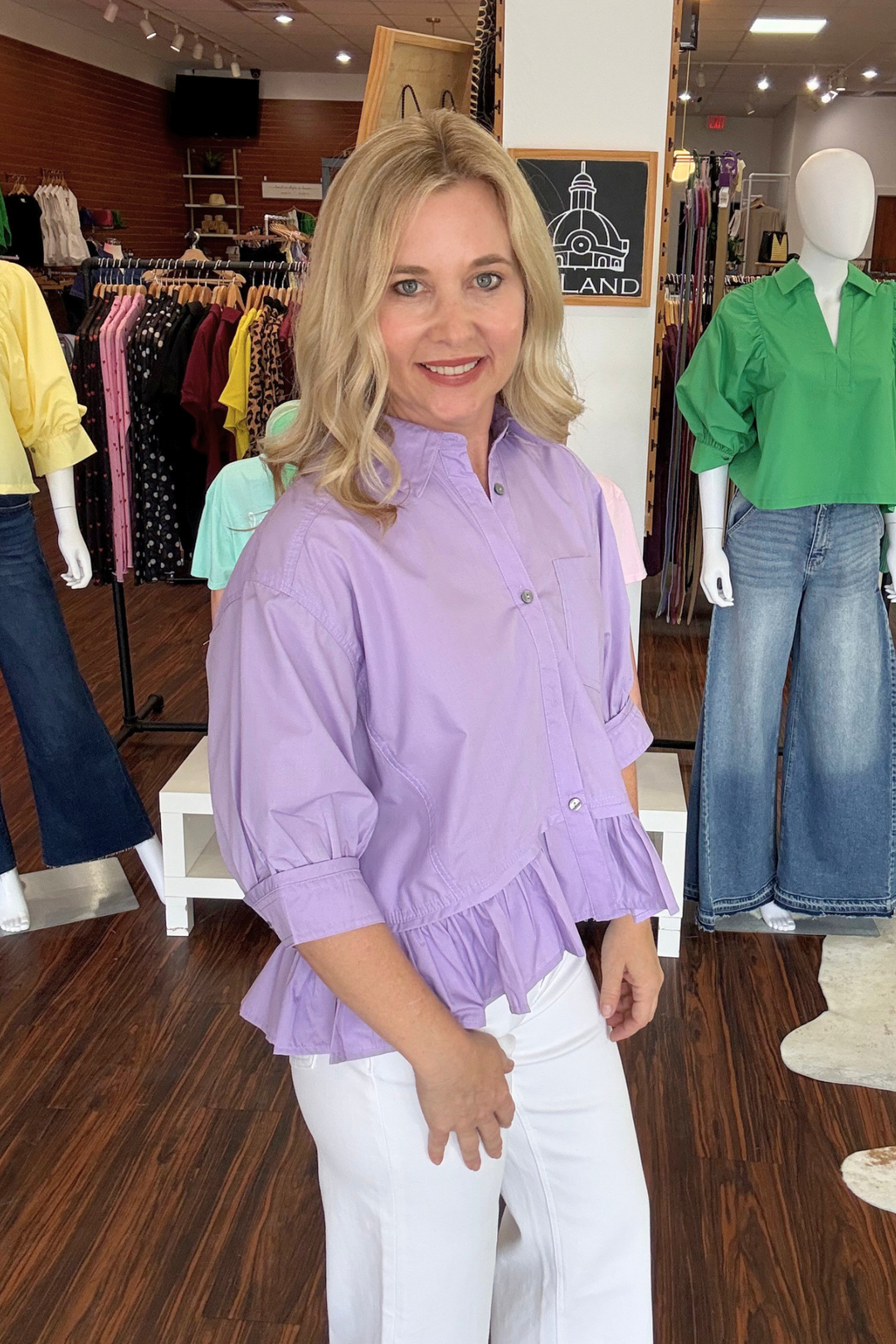 3/4 Sleeve Button Down Top with Ruffle Hem