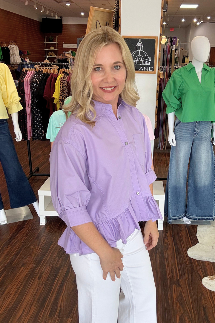 3/4 Sleeve Button Down Top with Ruffle Hem