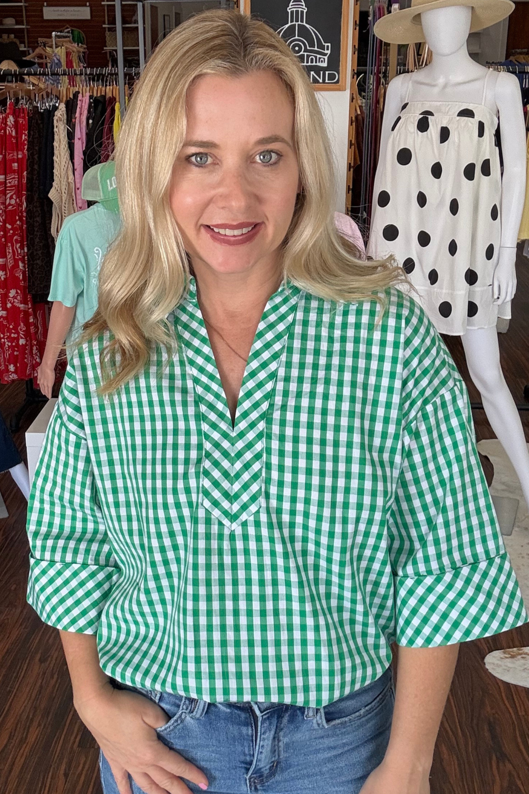 Gingham 3/4 Sleeve Top