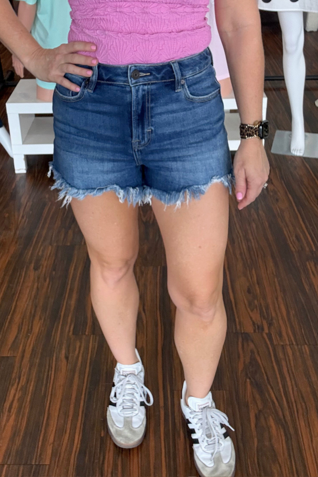 Hidden Dark Wash Frayed Jean Shorts