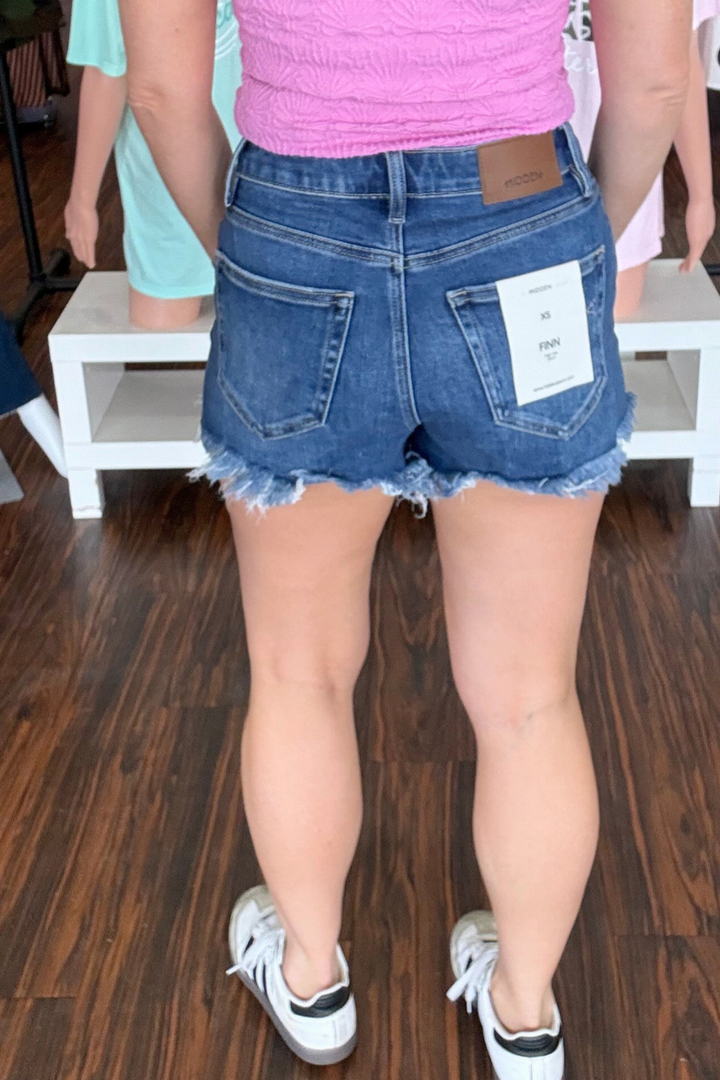 Hidden Dark Wash Frayed Jean Shorts