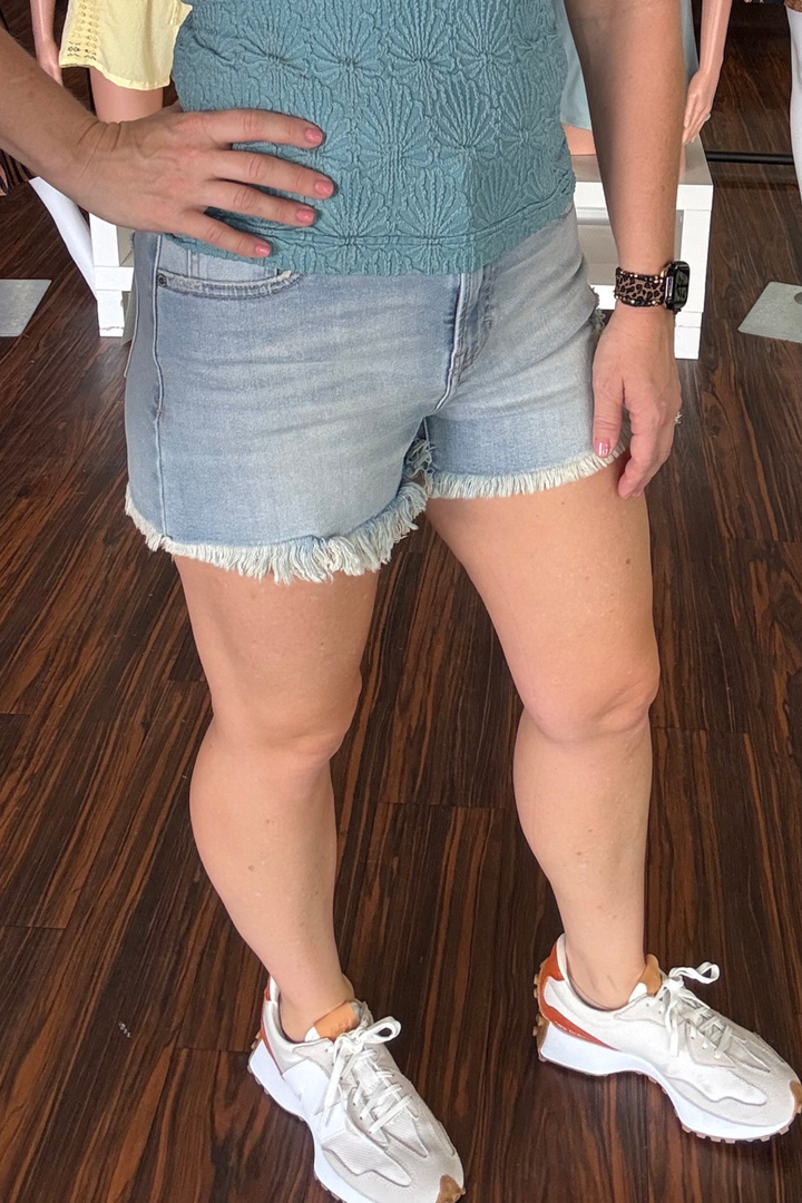 Hidden Light Wash Frayed Denim Shorts