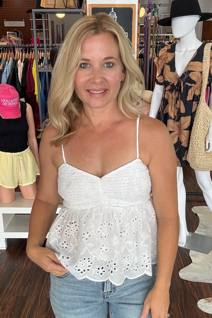 Eyelet Smocked Peplum Top