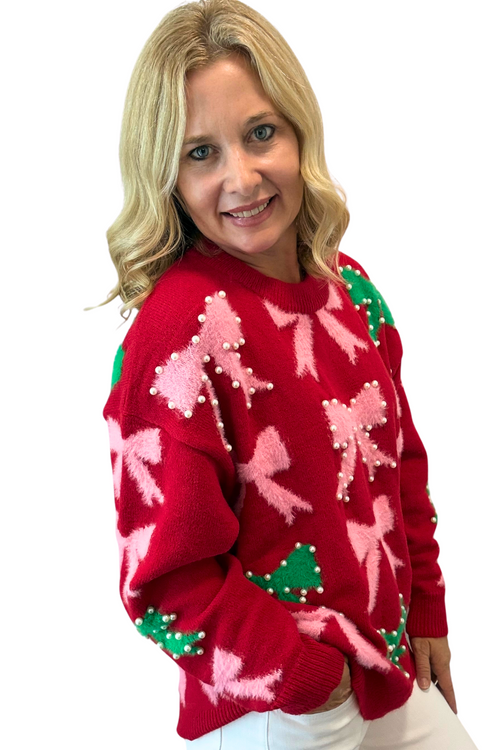 Bow and Pearl Embellished Sweater