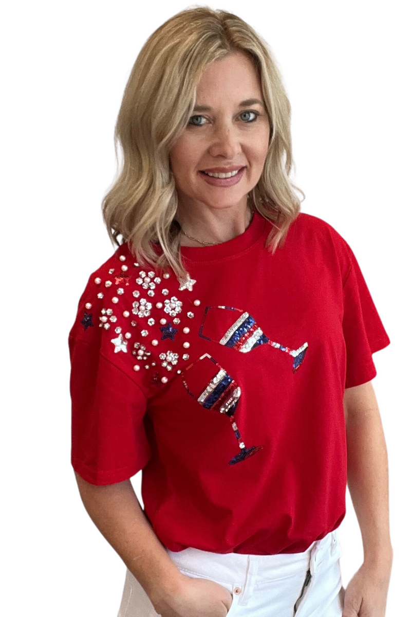 Red, White and Blue Champagne Glass Short Sleeve Top