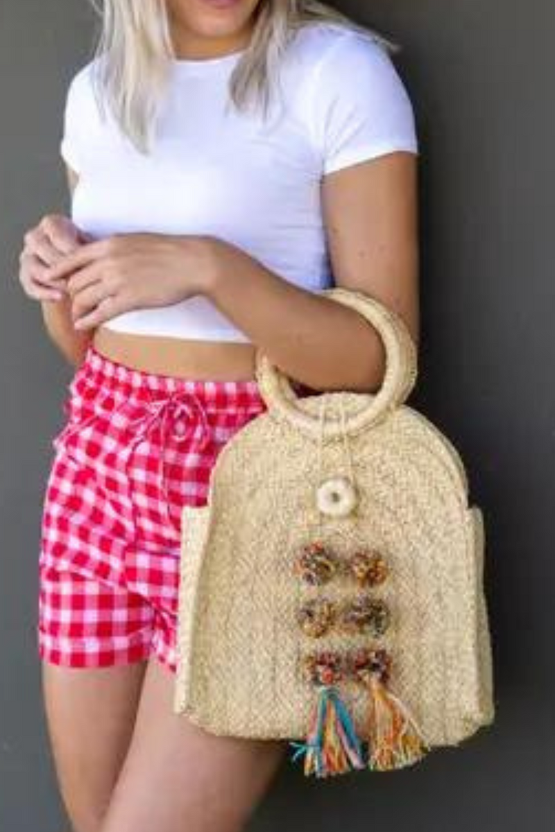 Mission Braided Straw Handbag with Waterfall Pompom Tassel