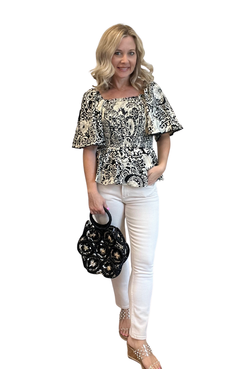 Smocked Black and Cream Floral Top