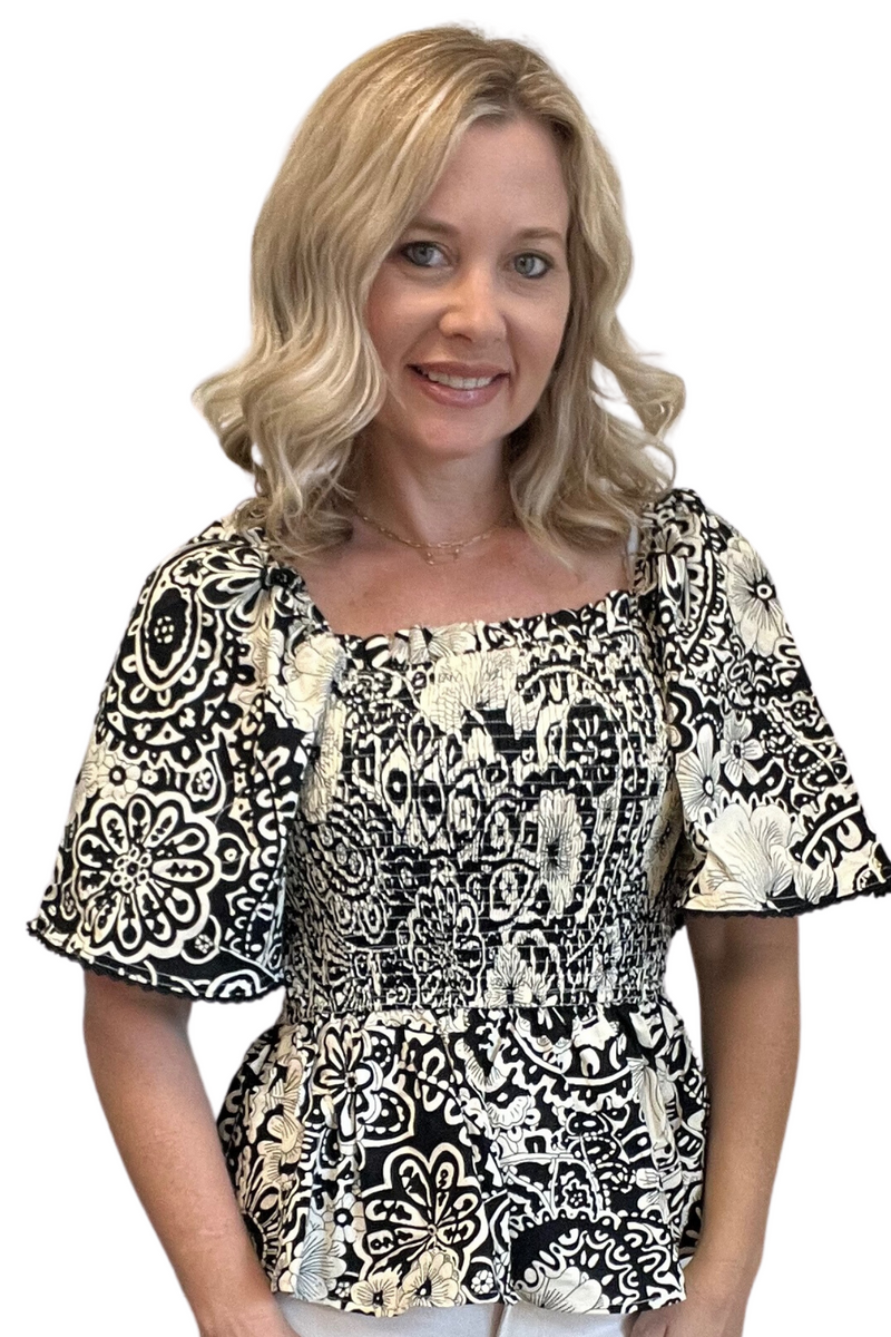 Smocked Black and Cream Floral Top