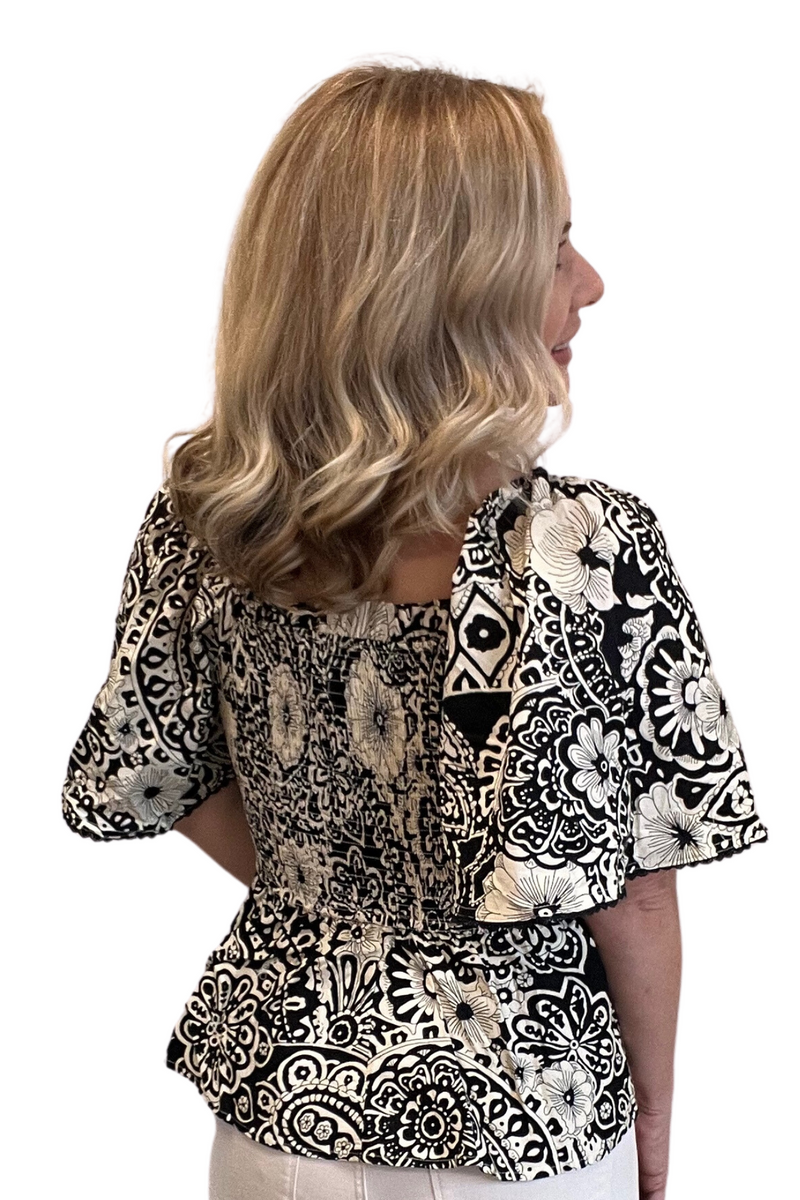 Smocked Black and Cream Floral Top
