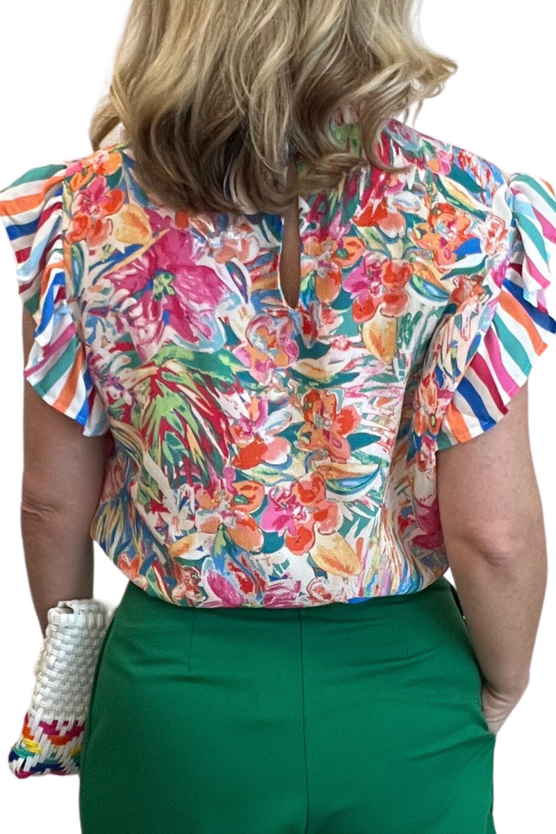Floral and Stripe Print Flutter Sleeve Top