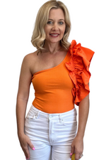 Ruffled One Shoulder Bodysuit in Orange