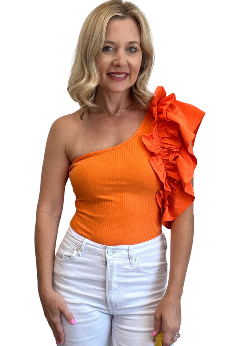 Ruffled One Shoulder Bodysuit in Orange