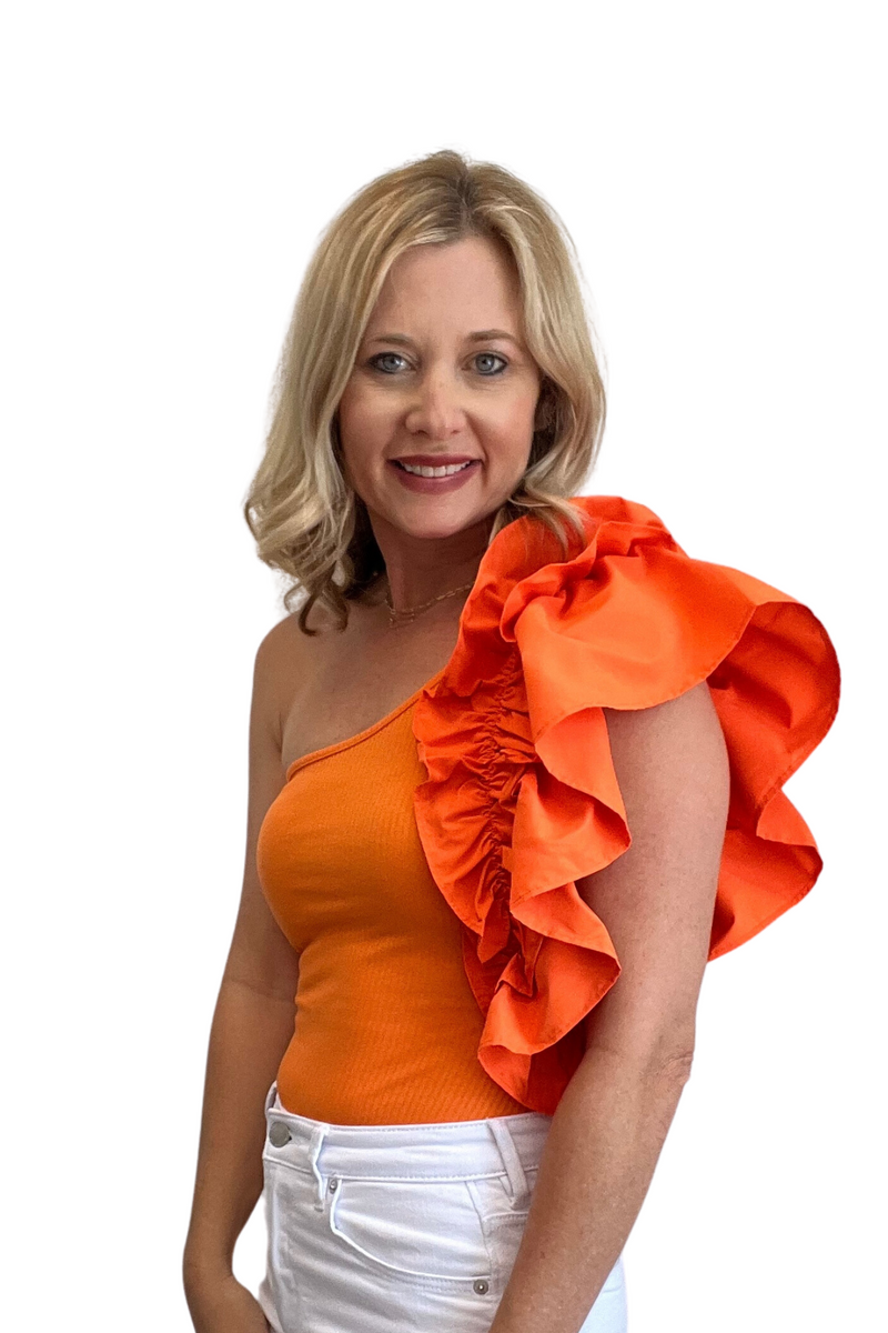 Ruffled One Shoulder Bodysuit in Orange