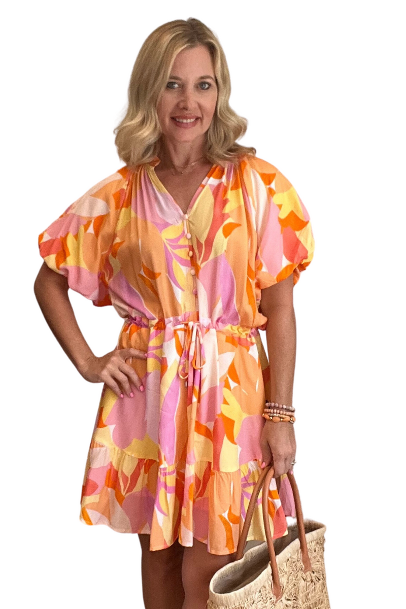 Orange Multi Drawstring Waist Mini Dress