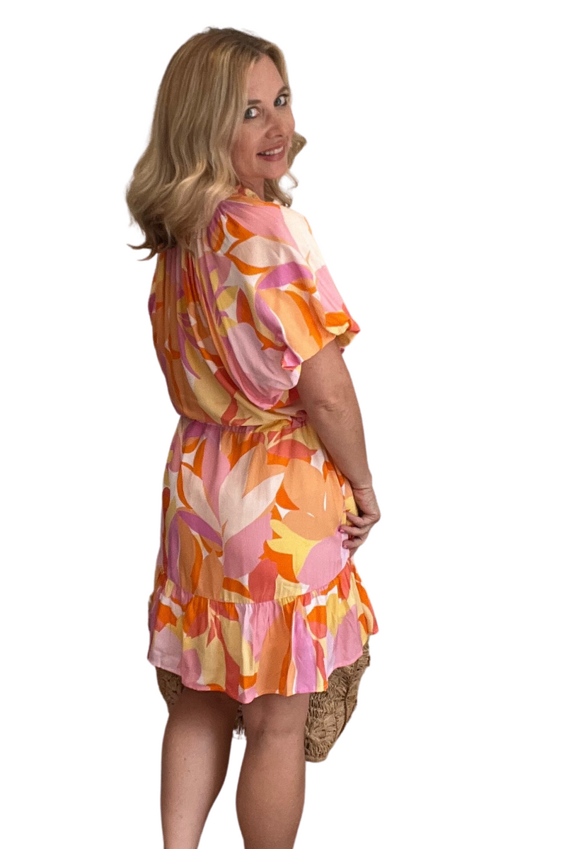 Orange Multi Drawstring Waist Mini Dress