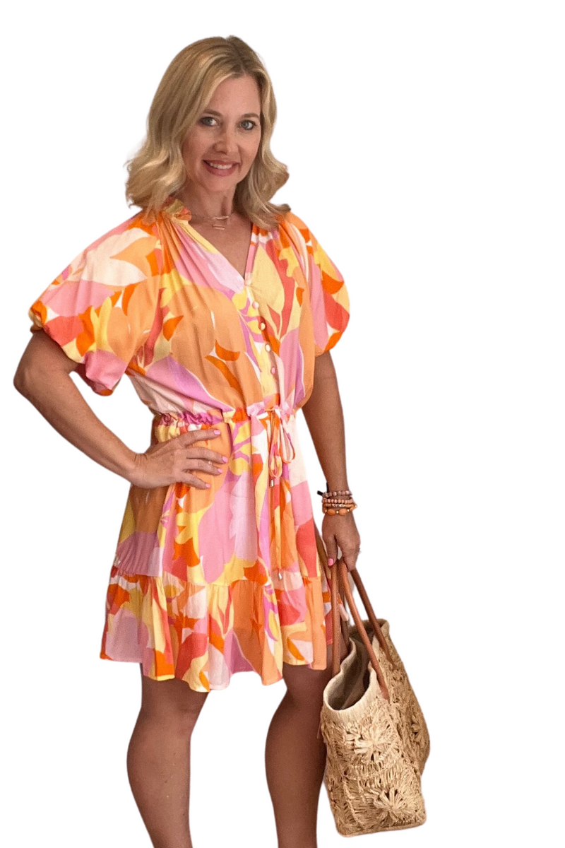 Orange Multi Drawstring Waist Mini Dress