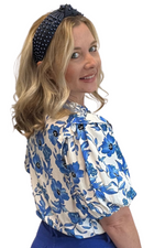 Blue and White Puff Sleeve Floral Top