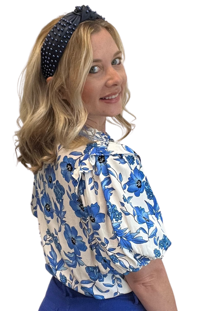 Blue and White Puff Sleeve Floral Top