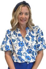 Blue and White Puff Sleeve Floral Top