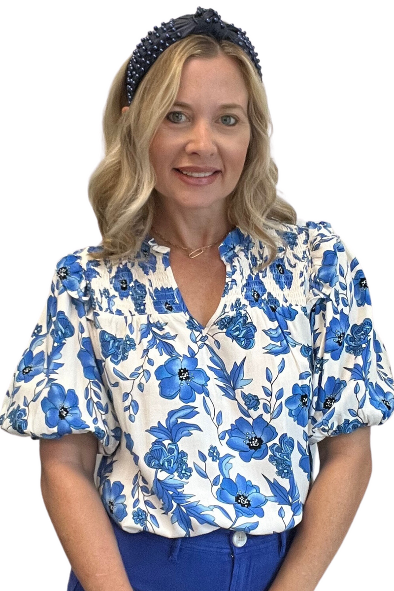 Blue and White Puff Sleeve Floral Top