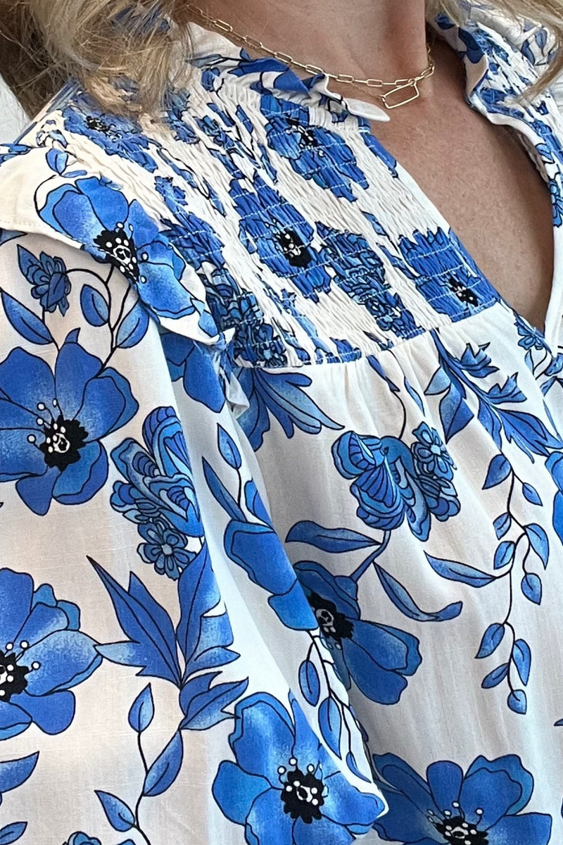 Blue and White Puff Sleeve Floral Top