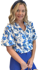 Blue and White Puff Sleeve Floral Top