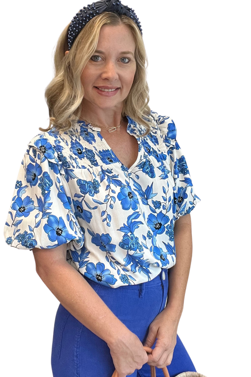 Blue and White Puff Sleeve Floral Top
